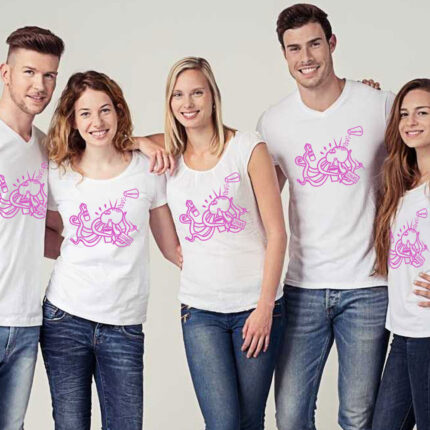 Camiseta para la peña Lonas en la Festa do Polbo de Mugardos. Simula la forma de hacer el Pulpo con un vaso de vino.